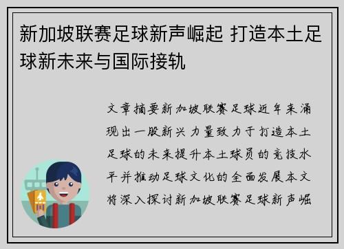 新加坡联赛足球新声崛起 打造本土足球新未来与国际接轨