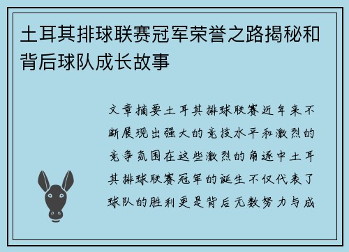土耳其排球联赛冠军荣誉之路揭秘和背后球队成长故事