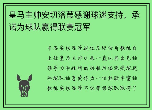 皇马主帅安切洛蒂感谢球迷支持，承诺为球队赢得联赛冠军